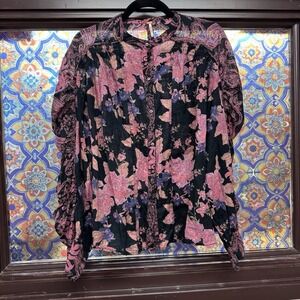 Free People Sz Medium Maraya Printed Top Floral Boho Blouse‎ Peasant Hippie